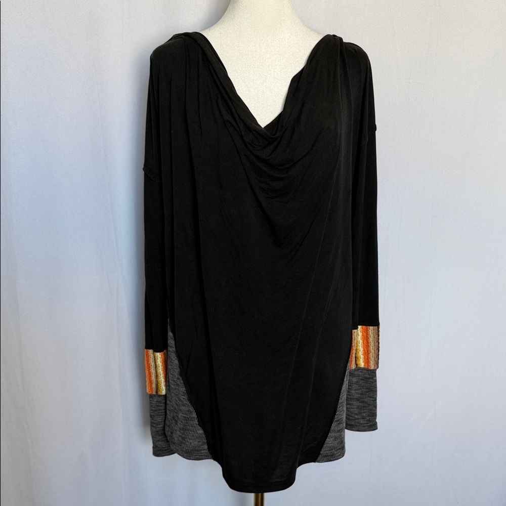 POL Black Gray Cowl Neck Tunic Top Size S Orange Accents Boho Lagenlook Oversize